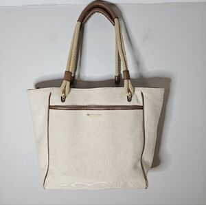 Michael Kors Talia Large Cotton Canvas Tote Bag in Natural, Leather Trim